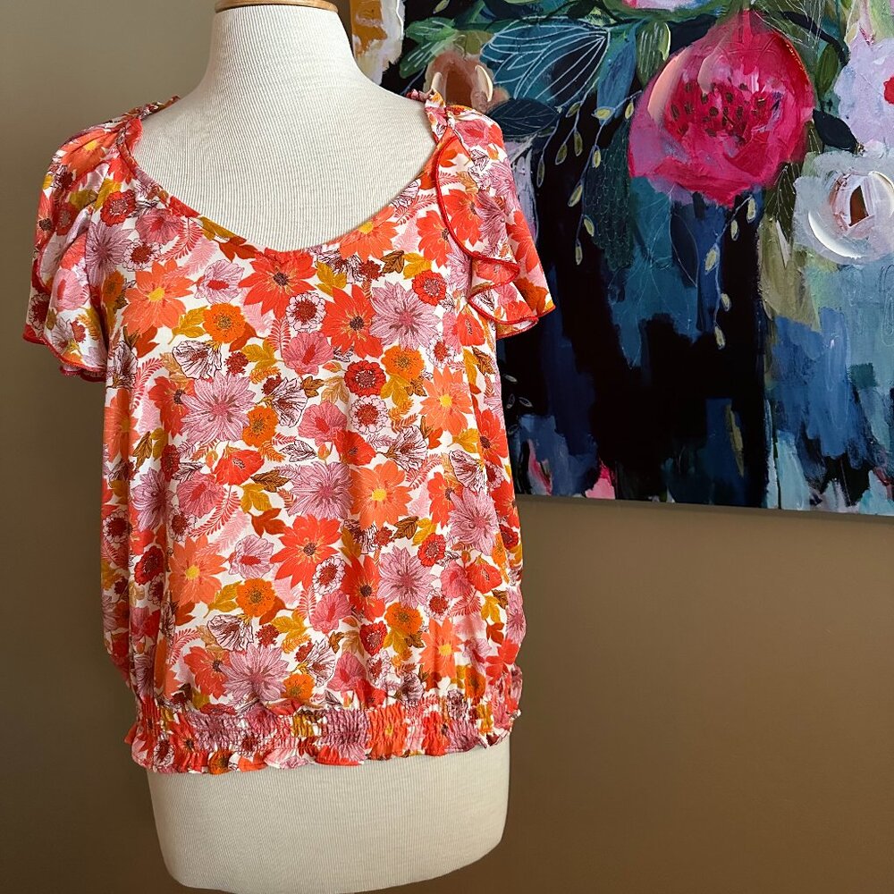Status by Chenault Orange Floral Flutter Sleeve Blouse Size Large